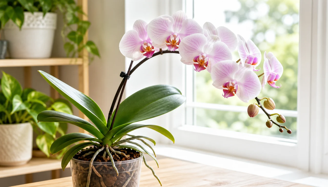 Healthy Phalaenopsis orchid with broad leaves, visible roots, and an arching spike of white and pink flowers