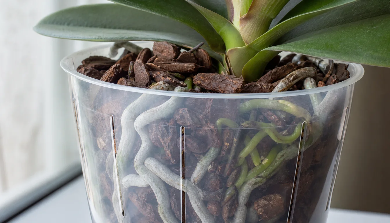 Plump silvery and green Phalaenopsis roots visible through a ventilated clear pot filled with chunky bark