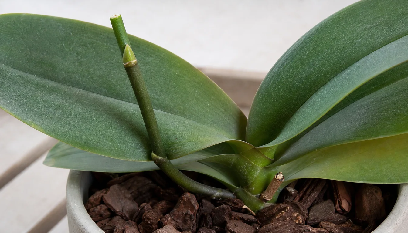 Green Phalaenopsis flower spike cut above a dormant node beside a dry brown spike removed close to the plant base