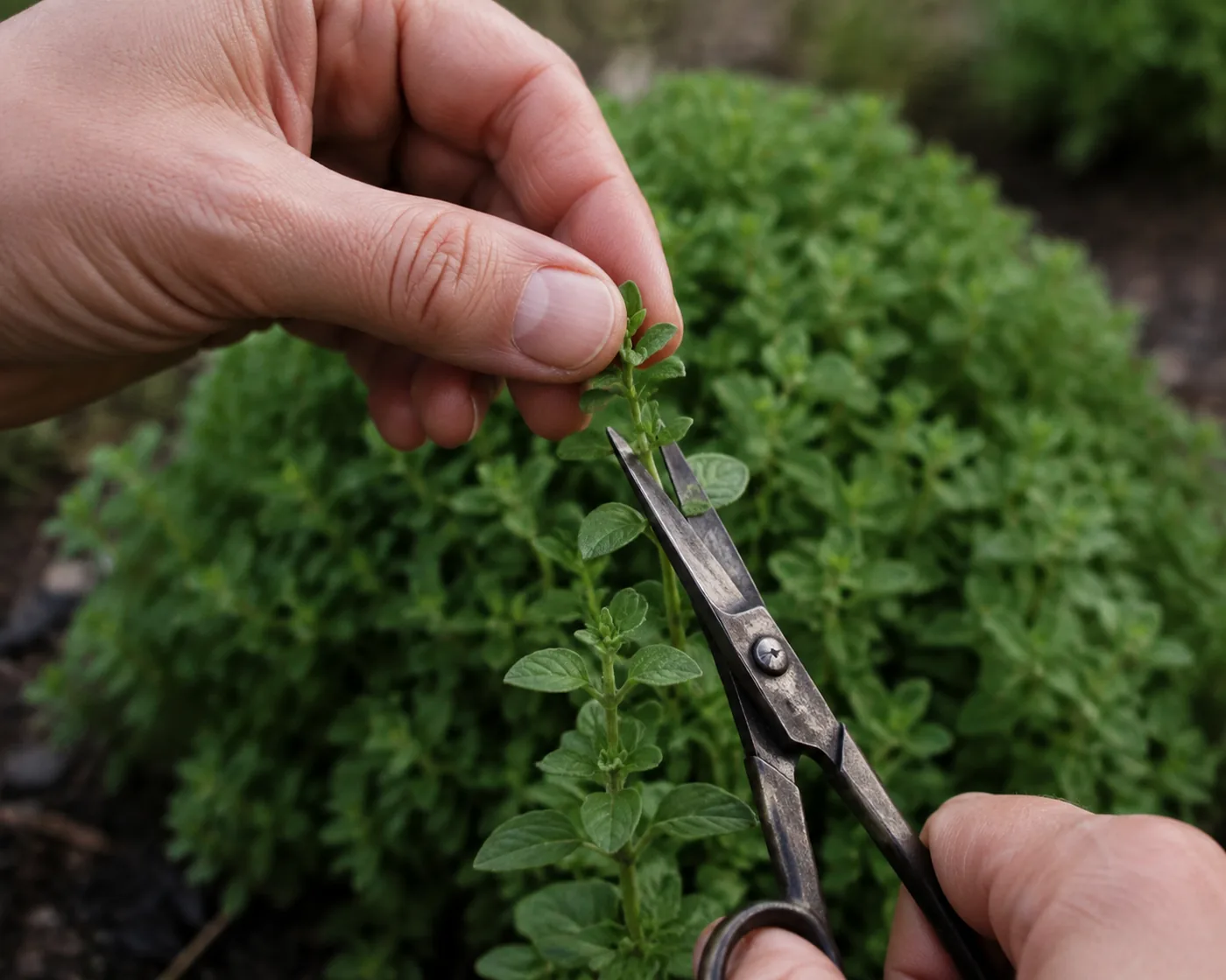 A hand steadying an oregano stem tip while snips cut it, with several pairs of small oval leaves left on the stem below the blades