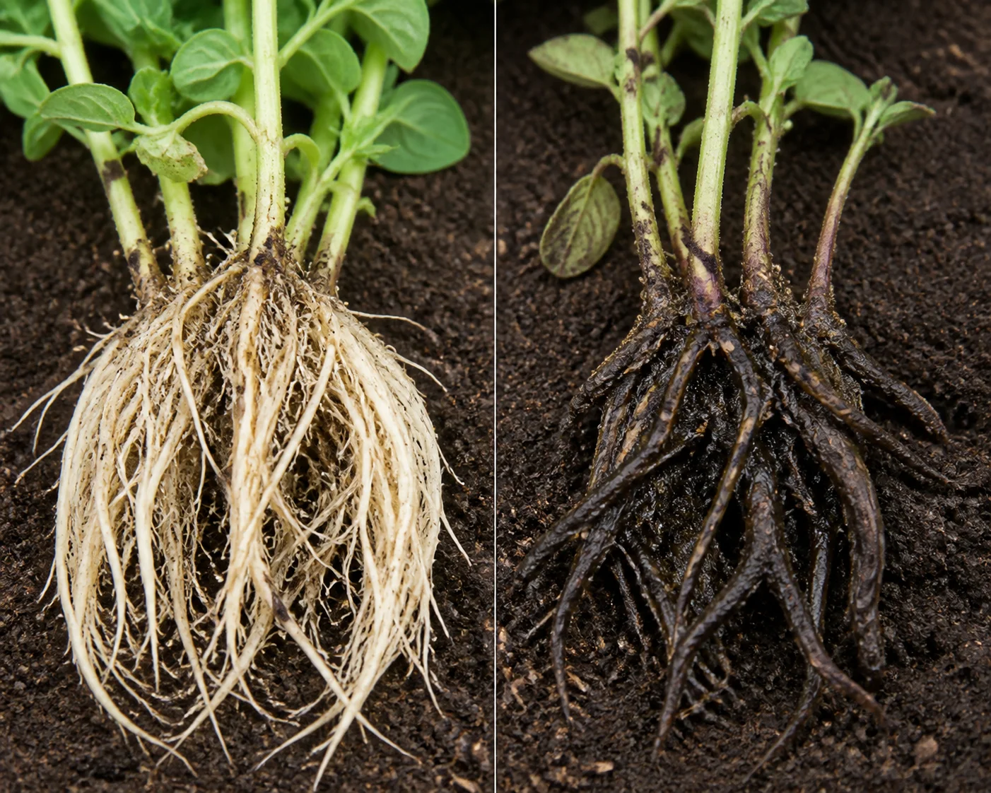 Side-by-side oregano root comparison showing healthy white fibrous roots next to blackened, mushy roots from waterlogged soil