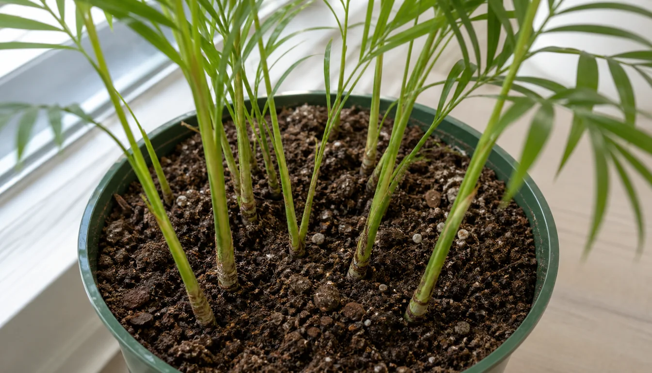 Several separate slender Parlor Palm stems emerging from distinct points in one nursery pot