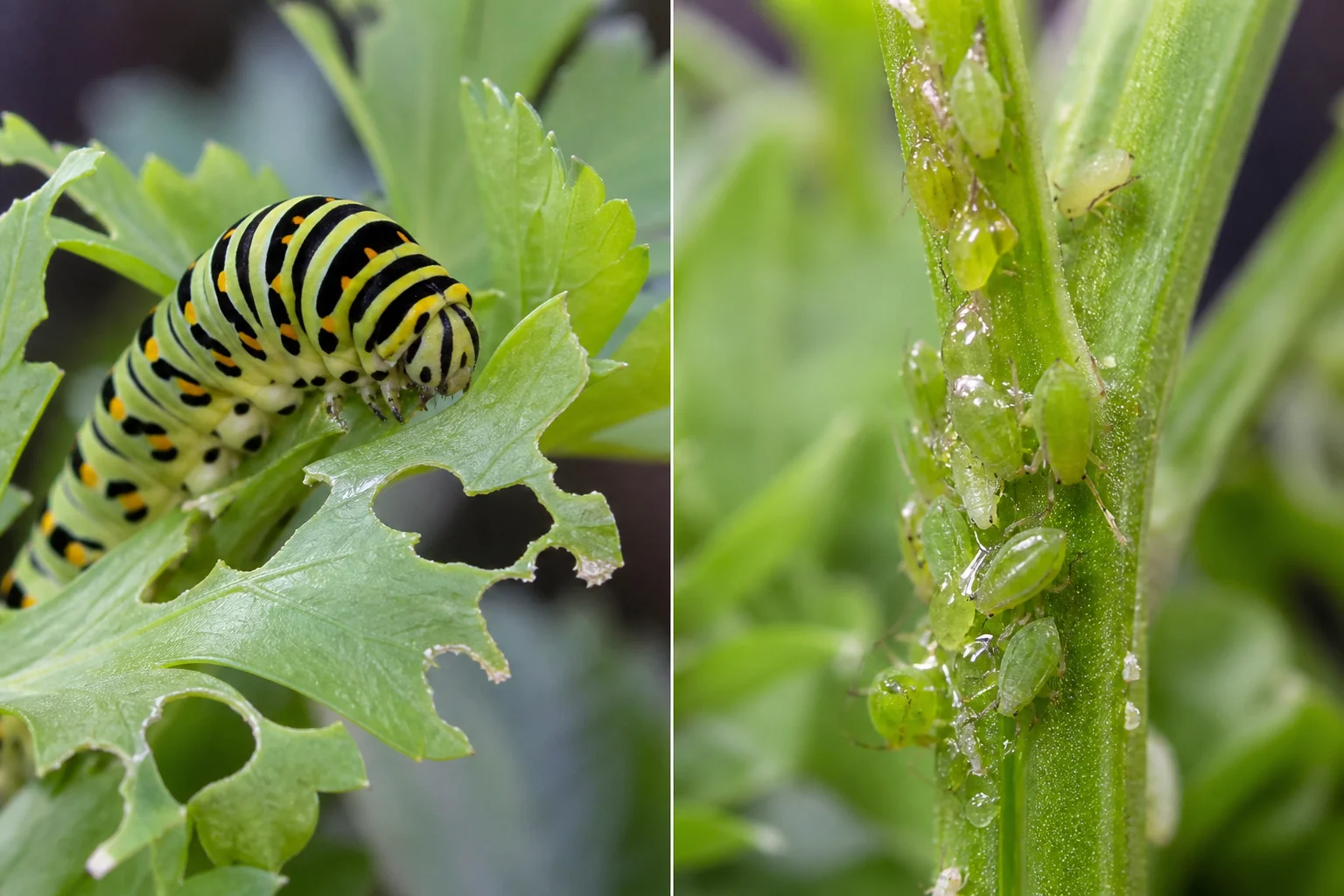 Comparison of a swallowtail caterpillar chewing a parsley leaf versus a cluster of aphids on a parsley stem