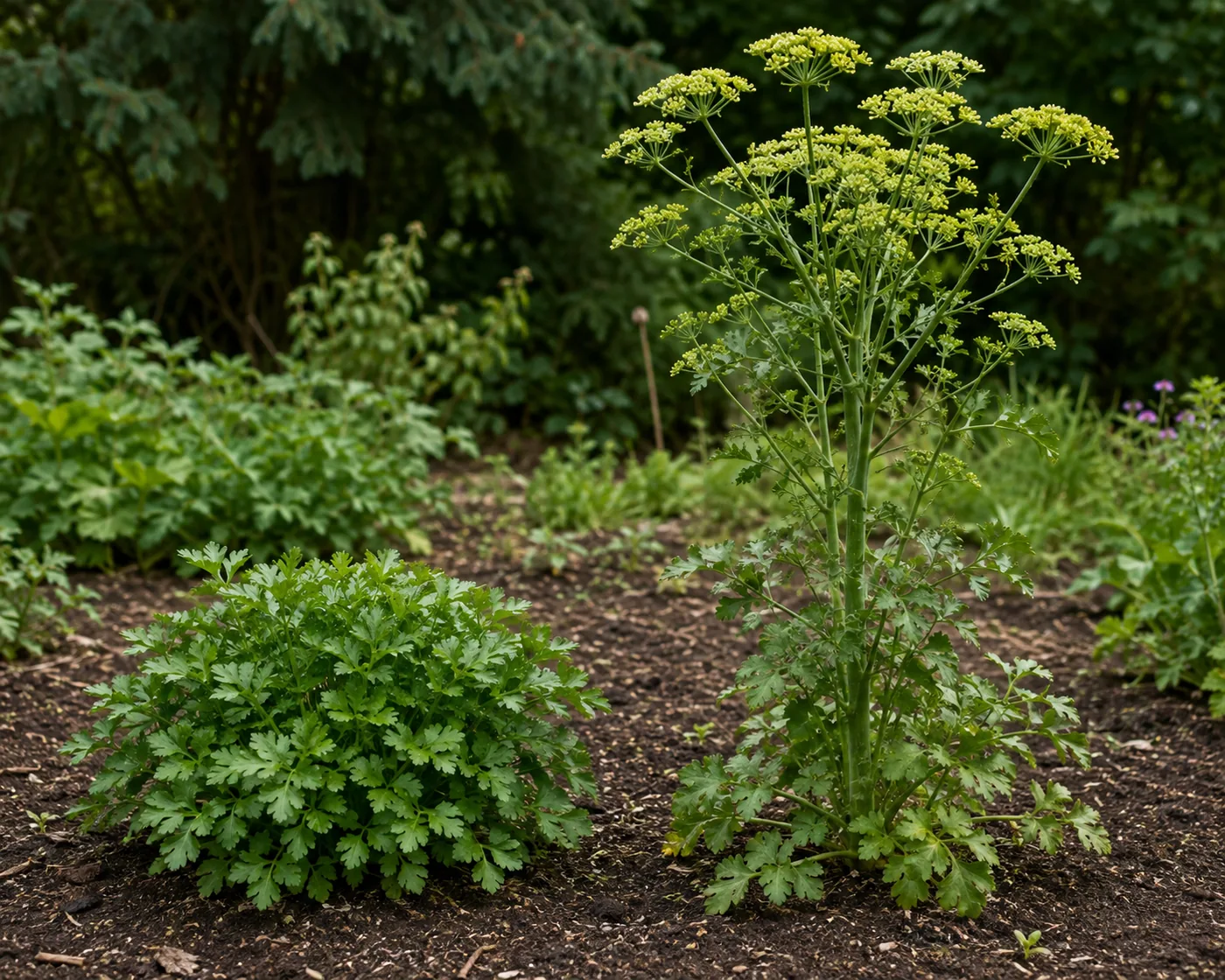 Two parsley plants in a bed, the left low and densely leafy in its first year, the right in its second year with a tall flowering stalk above sparse coarse leaves