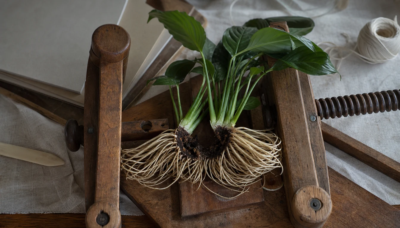 A Peace Lily root ball opens along a natural seam into two crown fans that each retain pale roots
