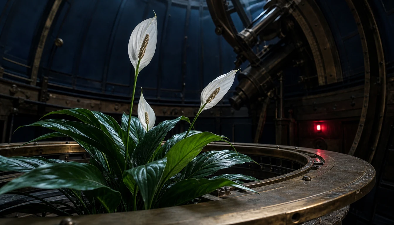 Three white Peace Lily spathes rise at different angles above a glossy basal clump inside a brass observatory bay