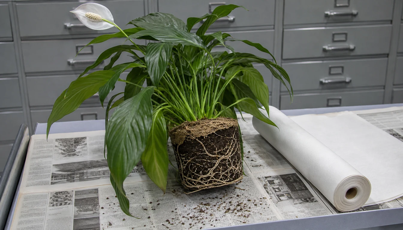 Slightly drooped Peace Lily leaves sit above firm pale roots with a dry top layer and darker moist center