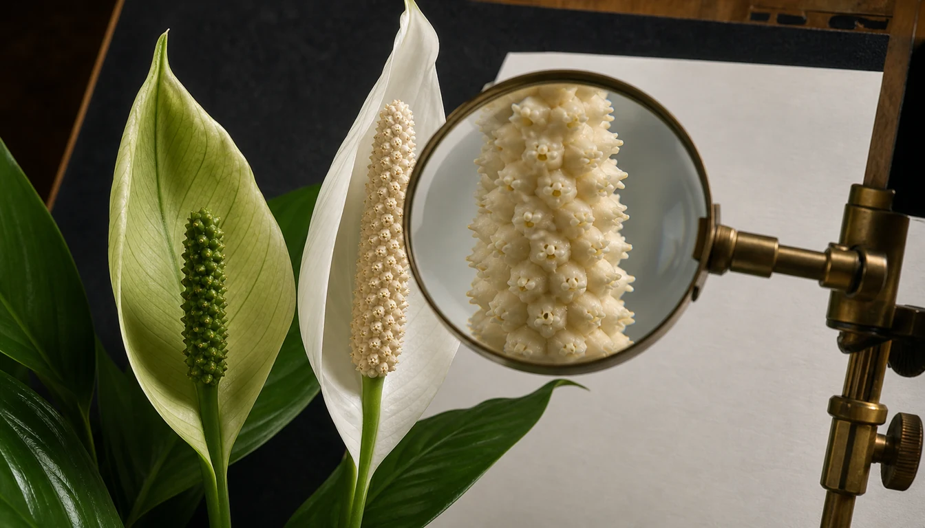 An attached white Peace Lily spathe surrounds a cream spadix beside an older green spathe under a lens