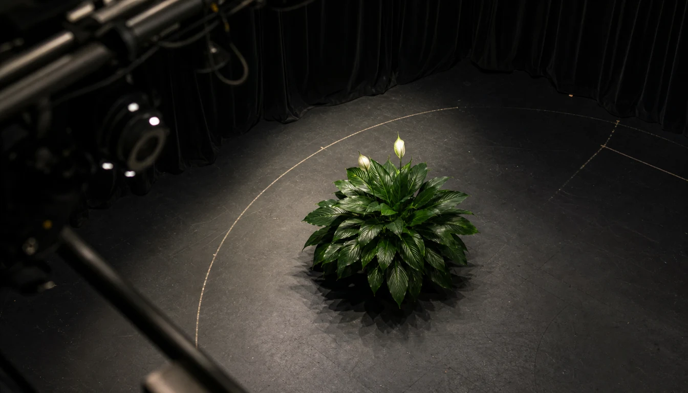 One Peace Lily crown crosses a broad filtered theater beam with two developing spathes on the brighter side