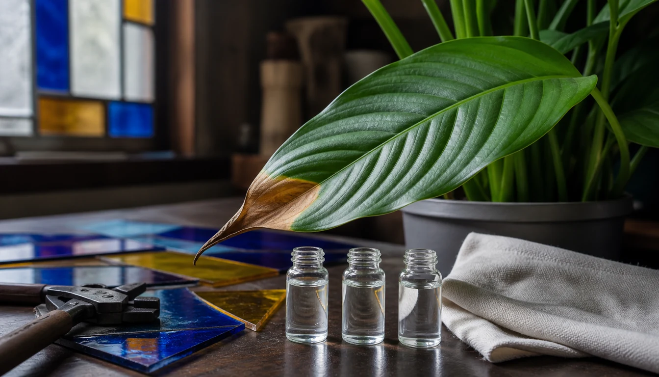 A single dry Peace Lily leaf tip rests above three clear water samples on a stained-glass workbench