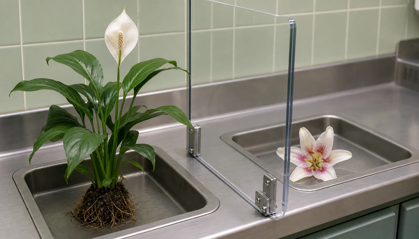 A rooted Peace Lily spathe and a six-petaled true lily flower occupy separate veterinary specimen wells