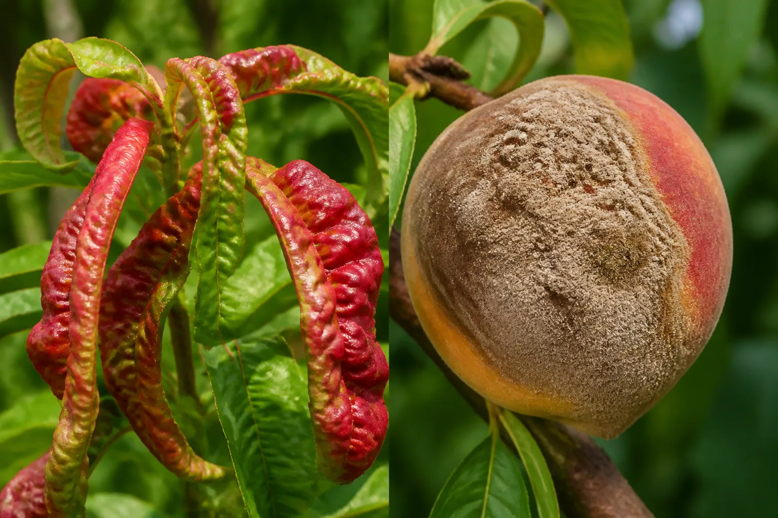 Side-by-side comparison of peach leaves severely puckered and reddened by peach leaf curl disease beside a ripening peach covered in gray-brown fuzzy brown rot fungal growth