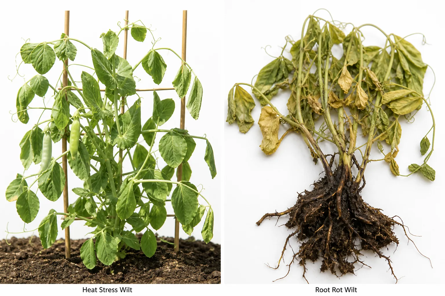 Side-by-side comparison of a pea vine with slight heat-stress drooping still upright in soil beside a collapsed pea vine pulled up showing dark, mushy root rot