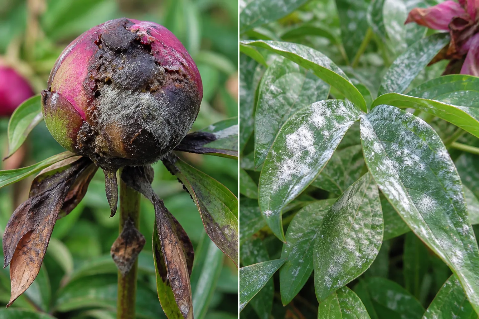 Side-by-side comparison of a peony bud blackened by botrytis blight next to peony leaves coated white with powdery mildew