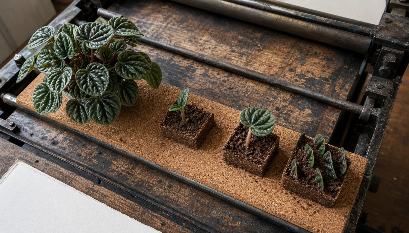 A Peperomia mother plant sits beside a stem tip a petioled leaf and upright rippled leaf sections in separate cells