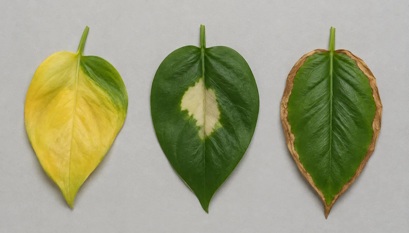 Three detached leaves show yellowing, a pale central patch, and a brown margin
