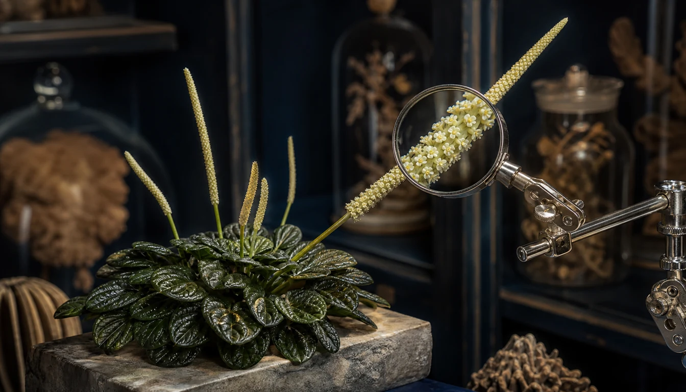 Cream Peperomia flower spikes rise over a ridged rosette with minute blooms enlarged through a fixed loupe