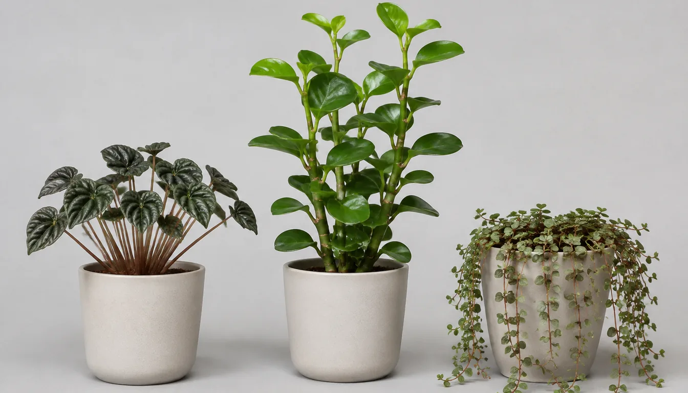 A low rippled plant, an upright glossy-leaved plant, and a small-leaved trailing plant stand in separate pots