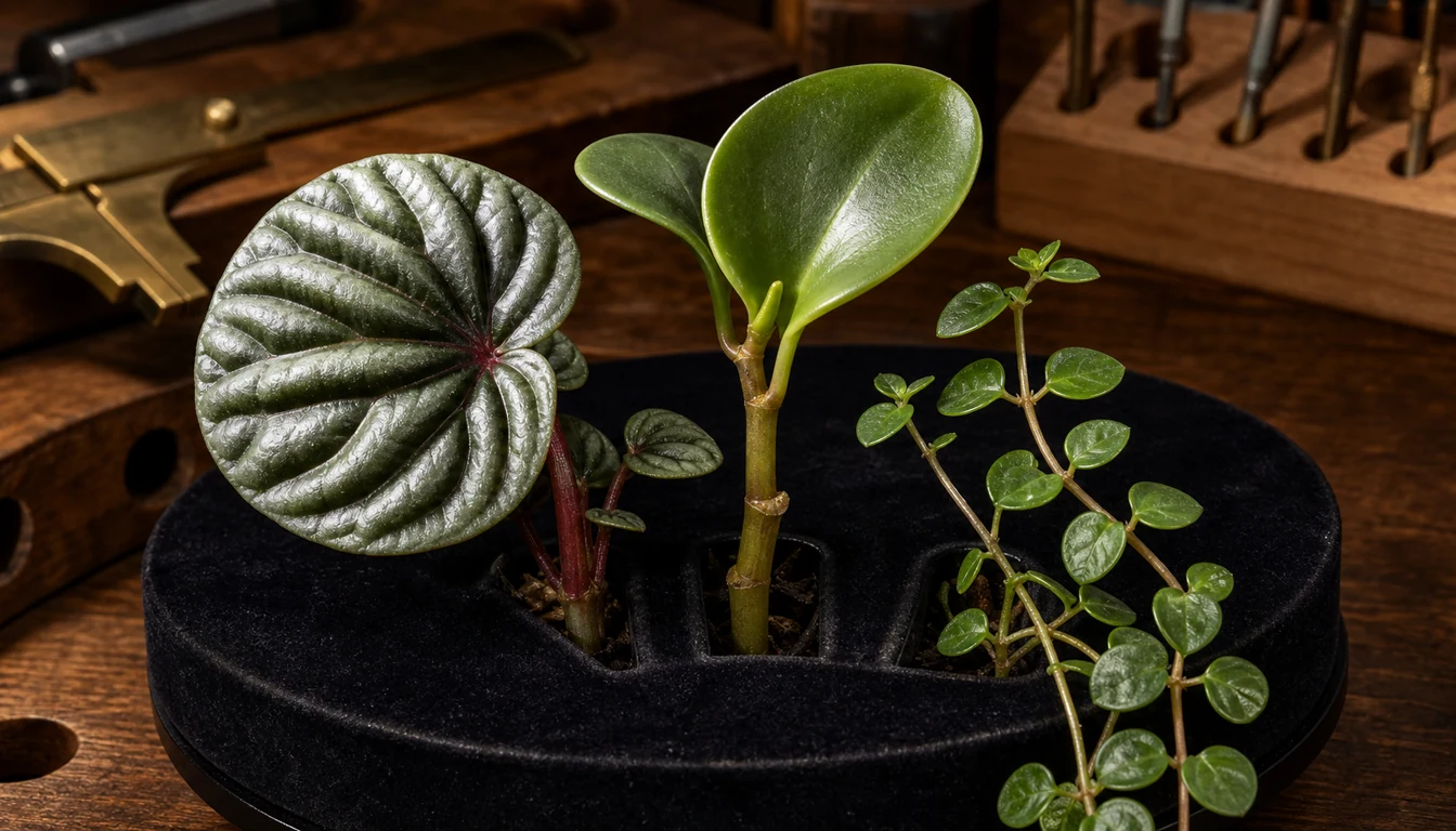 Attached Peperomia leaves show a ridged rosette a thick upright blade and tiny pairs on a trailing stem