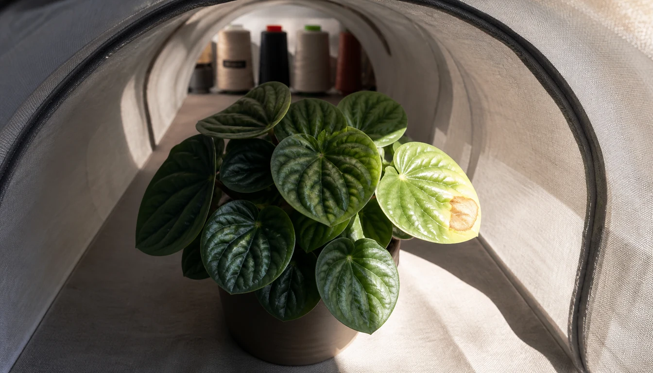 A sharp light boundary crosses one rippled Peperomia leaf while the shaded crown keeps deep green ridges