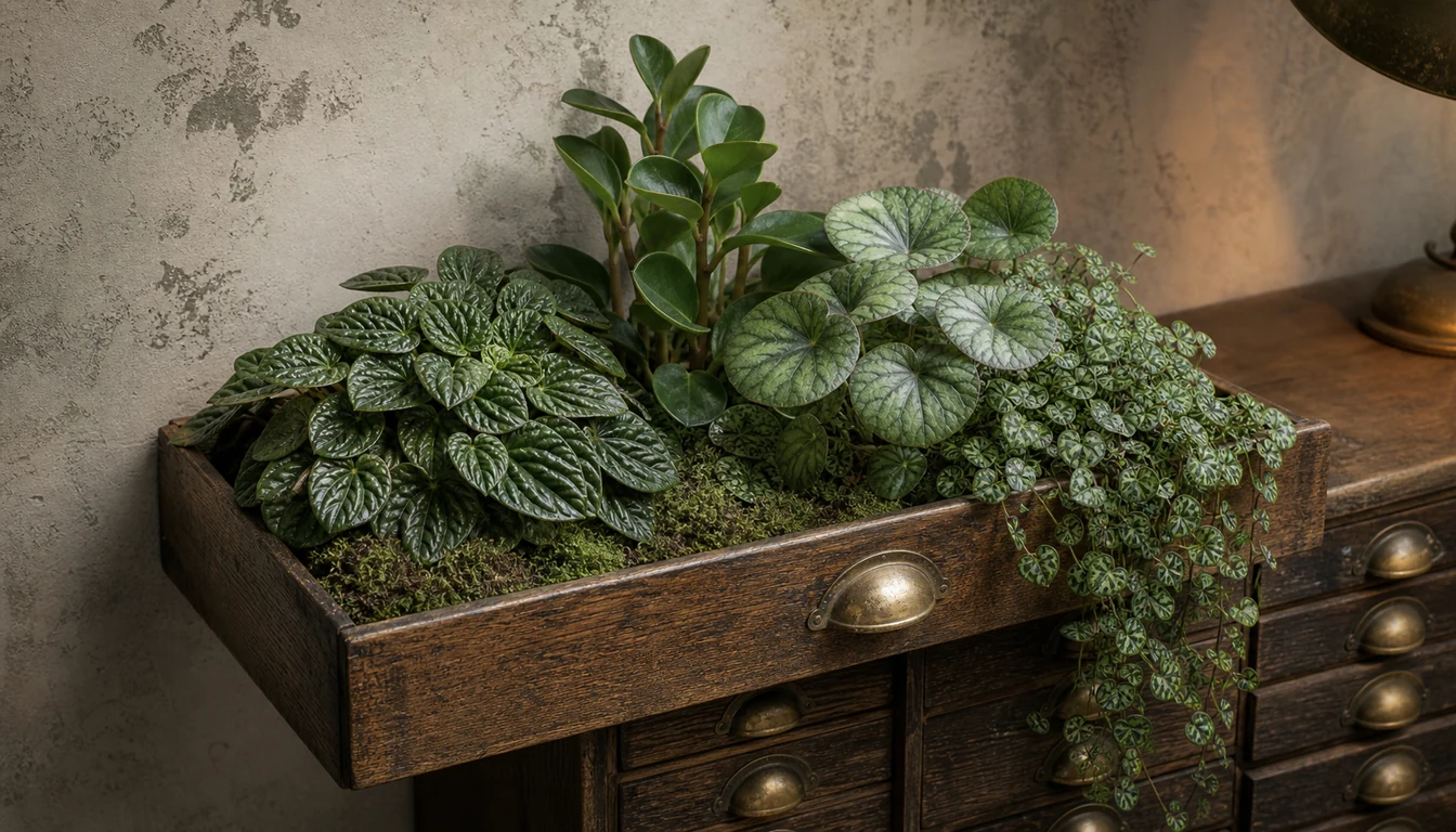 Rippled upright silver and trailing Peperomia forms grow together from one open botanical map drawer