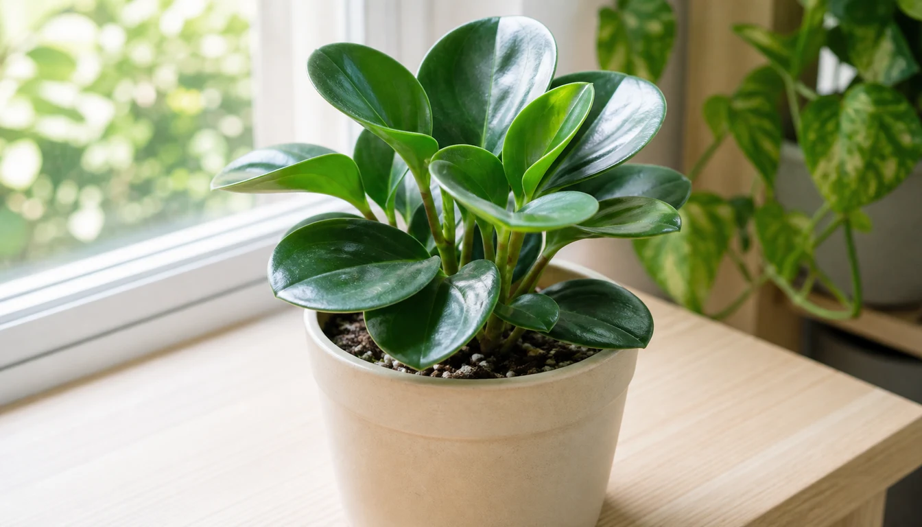 Healthy green Baby Rubber Plant with glossy oval leaves beside a bright window