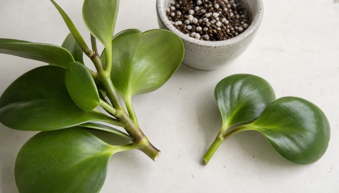 Baby Rubber Plant parent stem and separate stem-tip cutting with clean cuts beside visible leaf nodes