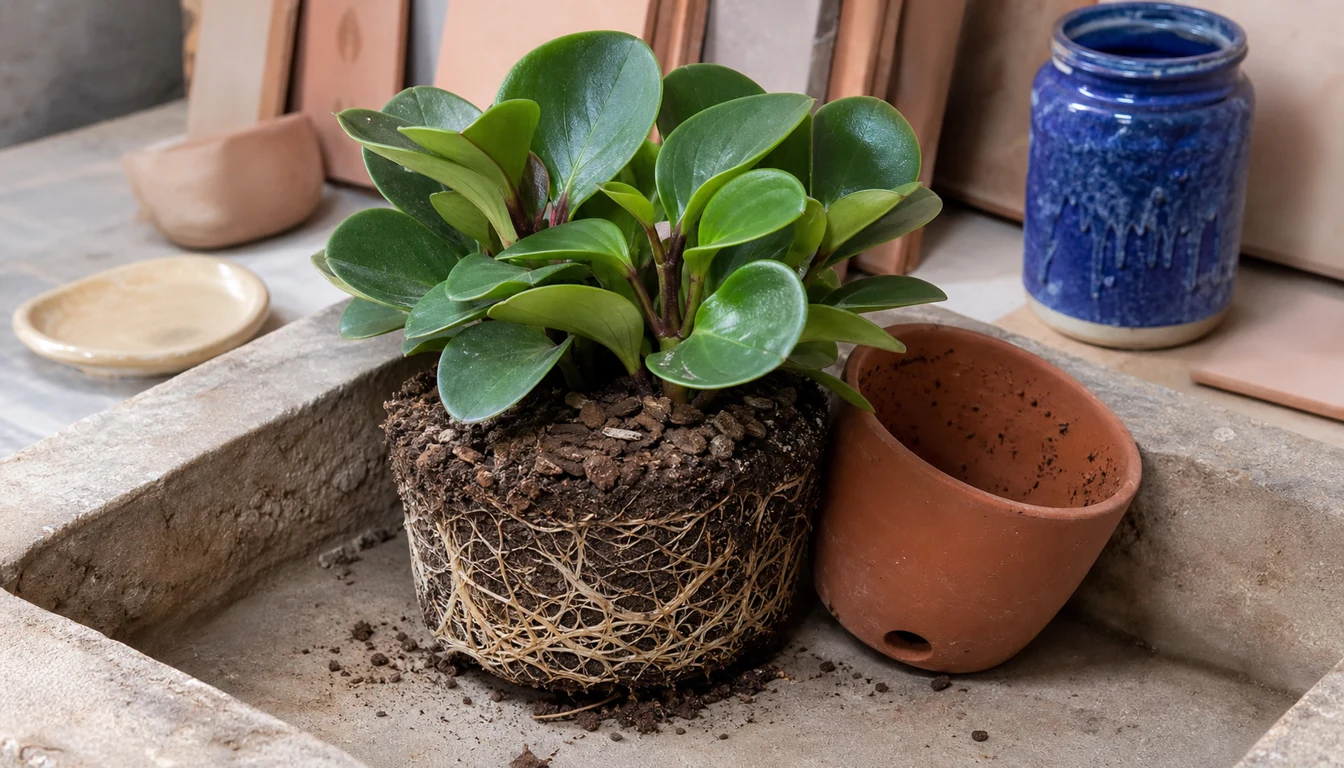 Fine pale Peperomia roots occupy a shallow bark-rich root ball with a dry top and darker damp center
