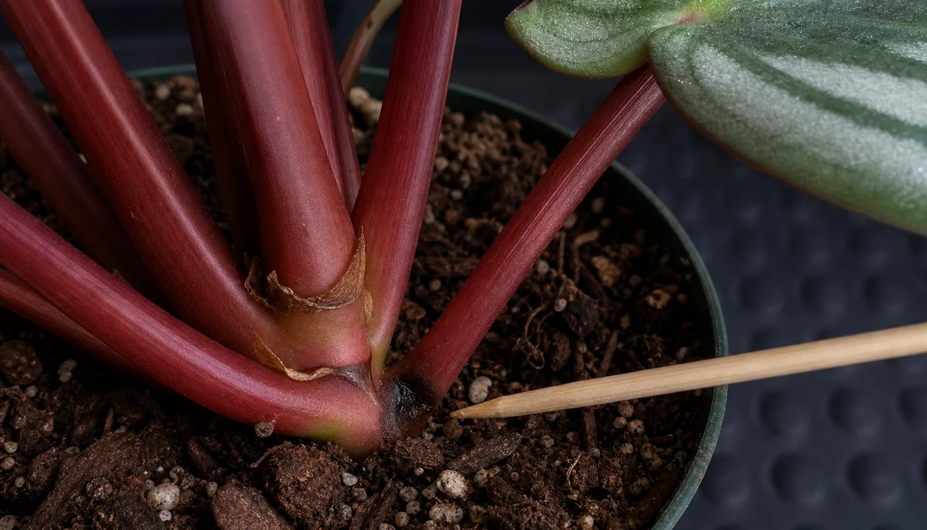 Bamboo probe beside a small black water-soaked lesion at one red Watermelon Peperomia petiole base