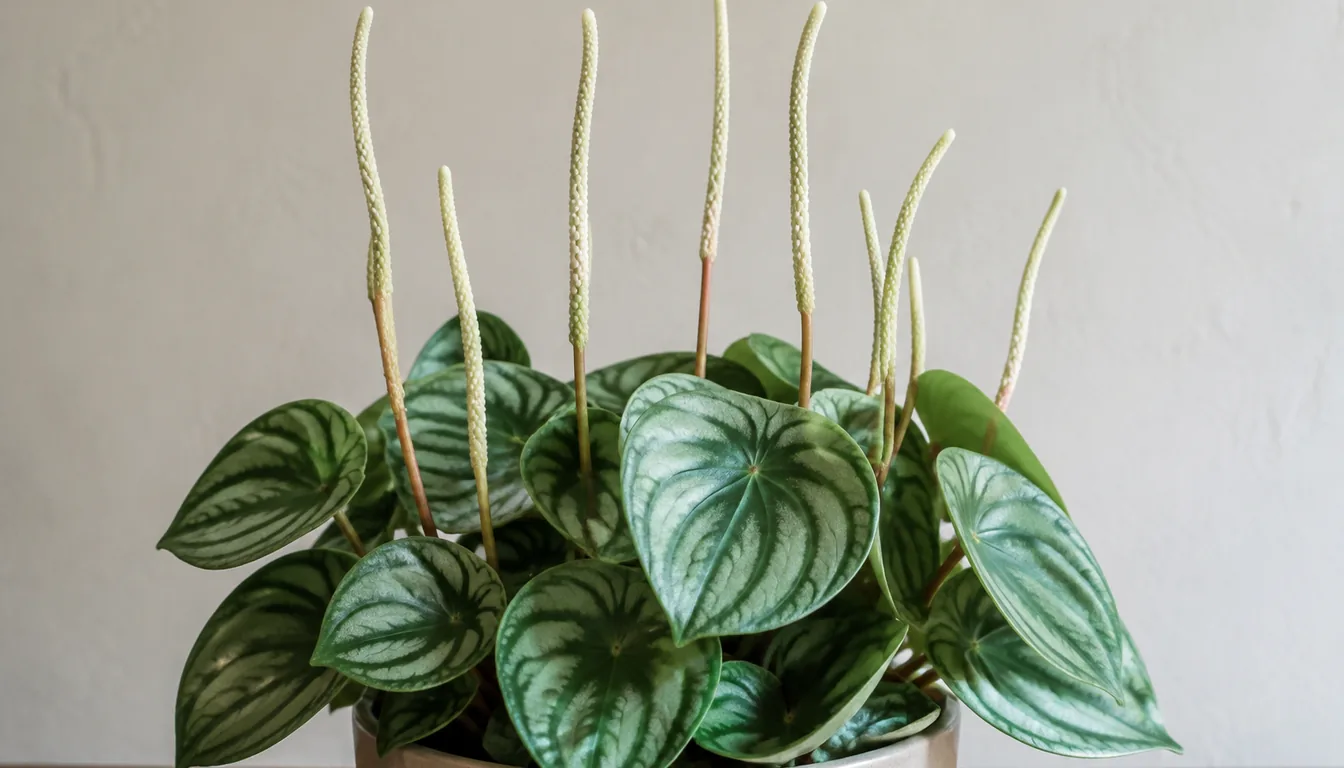 A watermelon peperomia in a small pot with several slender cream flower spikes standing well above its round silver and dark green banded leaves