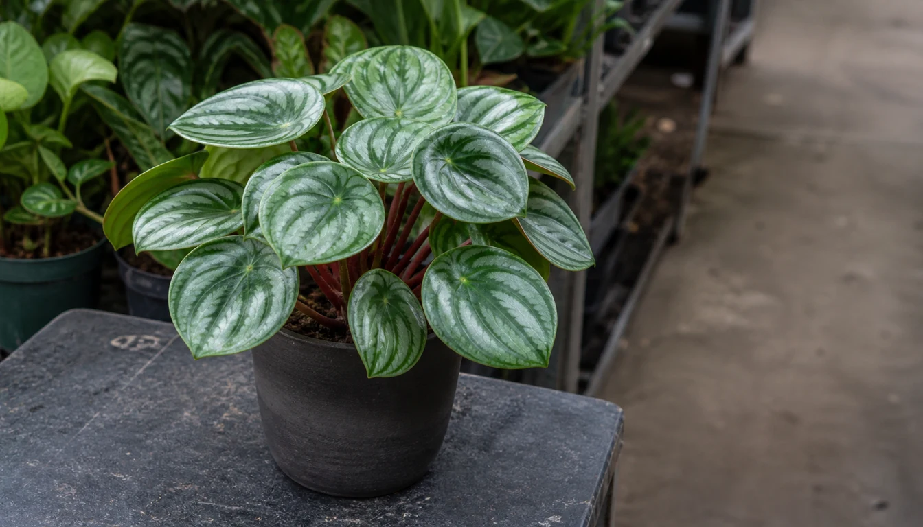 Watermelon Peperomia rosette with round silver-banded leaves and red petioles on a slate greenhouse stand