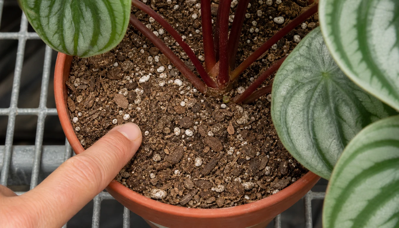 Finger checking dry potting mix beside red Watermelon Peperomia petioles held above the soil line