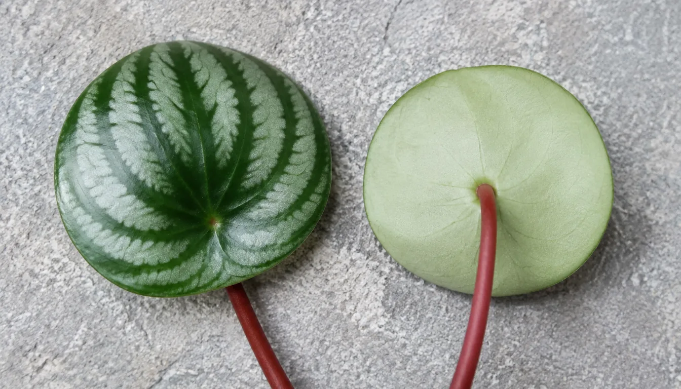Two round watermelon peperomia leaves on pale stone, one face up showing its silver and dark green banding and one turned over so the thick red stalk can be seen joining the plain underside well inside the edge rather than at the rim