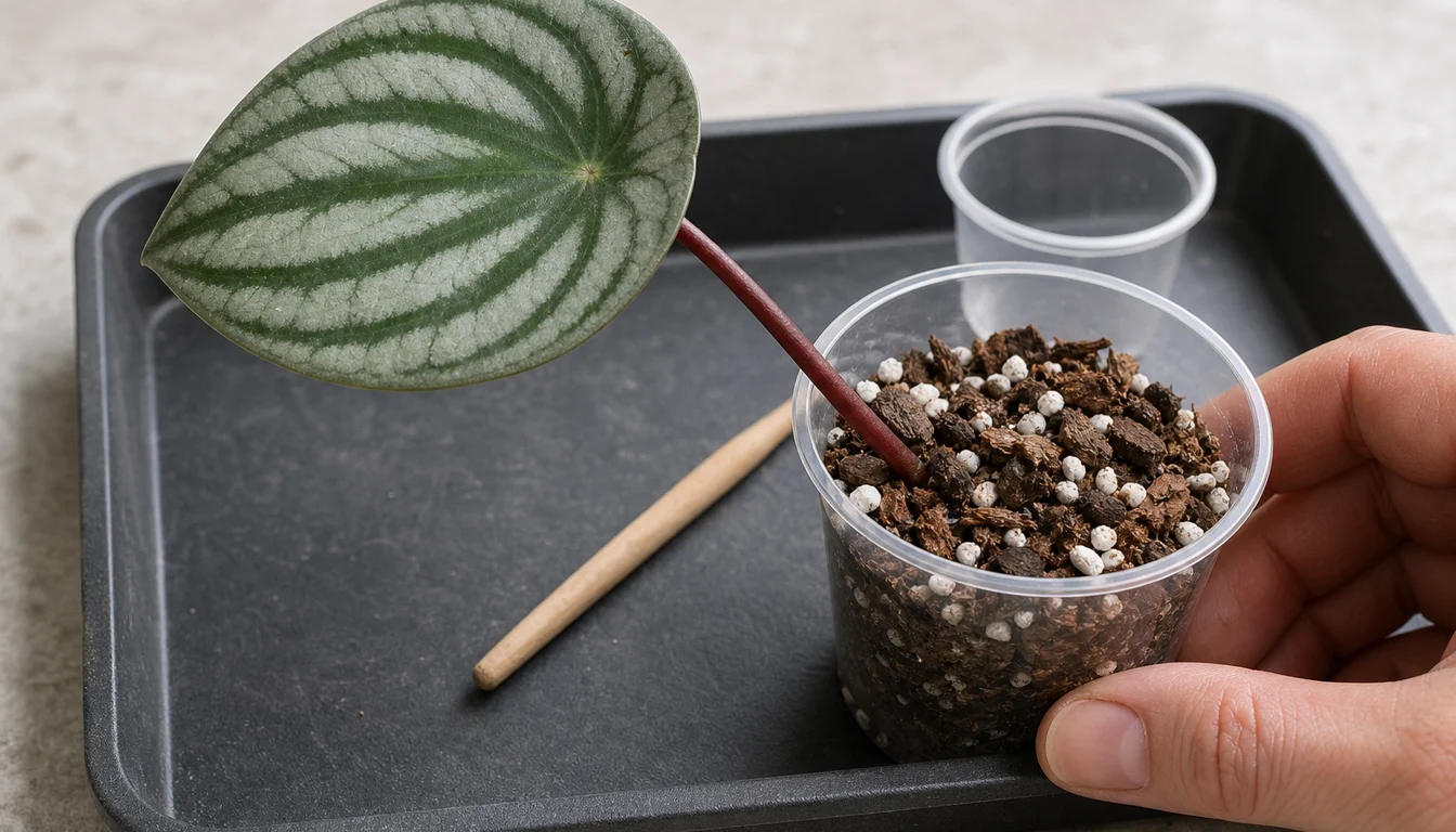 Striped Watermelon Peperomia leaf held above airy mix while its red petiole enters a clear propagation cup