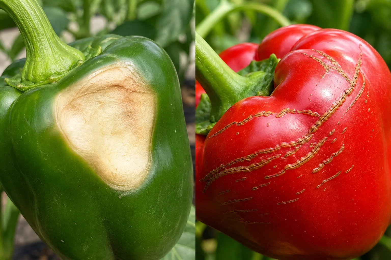 Side-by-side pepper fruit comparison showing a pale leathery sunscald patch on one fruit and thin brown corky lines on another