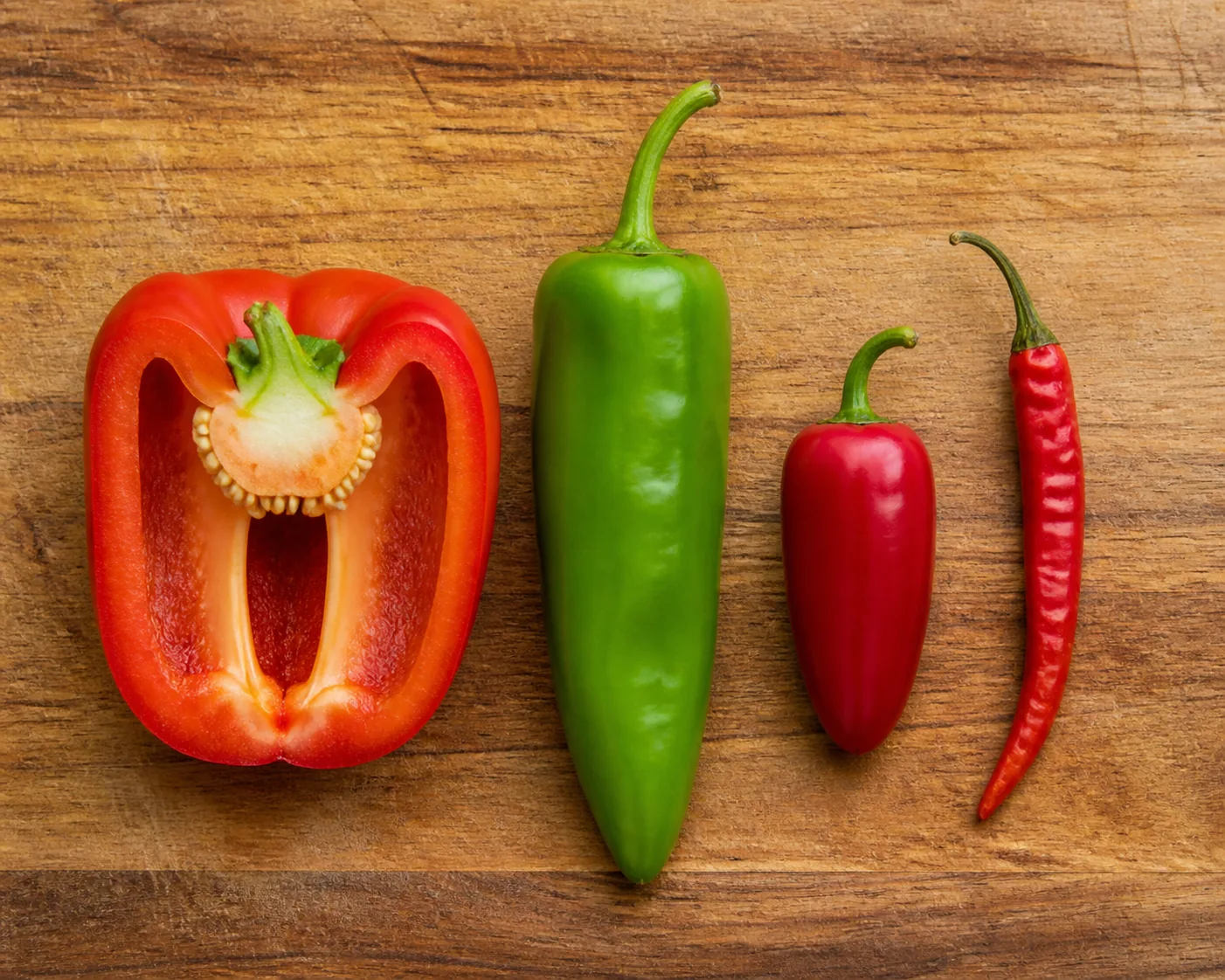 A thick-walled red bell pepper, a long tapered green Anaheim, a small glossy jalapeno and a slim cayenne laid side by side, one cut open showing wall thickness