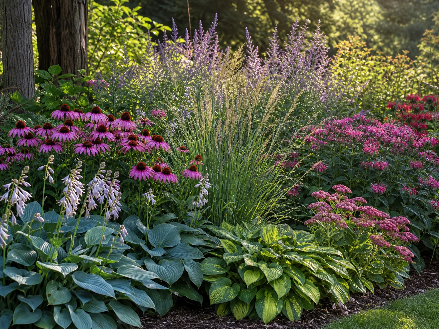 Established perennial border with layered returning plants