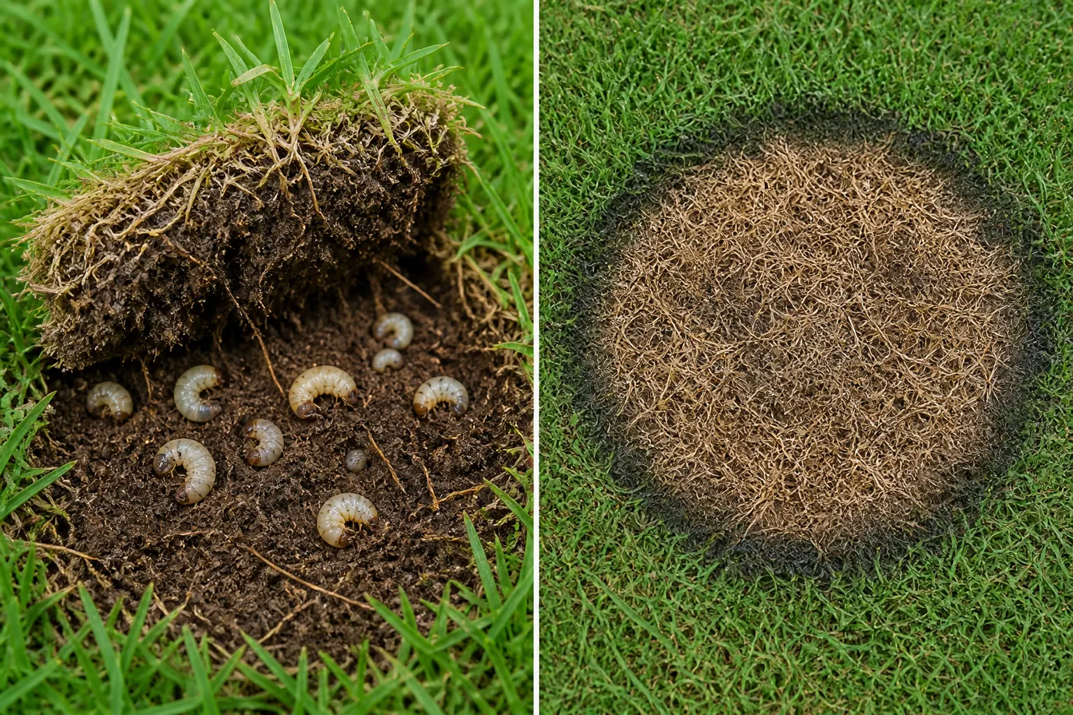 Close comparison of a lawn patch pulling up loose with visible white grubs in the roots beside a brown patch fungal disease ring with a darker smoke-ring border