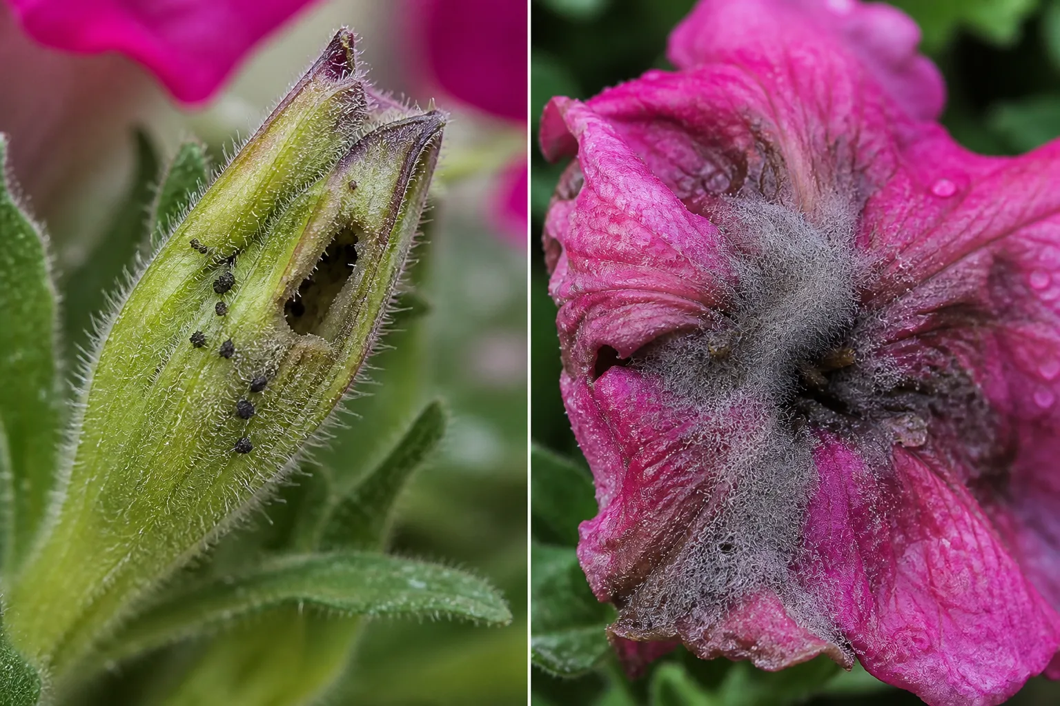 Close comparison of a petunia bud with a small chewed budworm entry hole and dark frass beside a petunia flower covered in fuzzy gray botrytis mold
