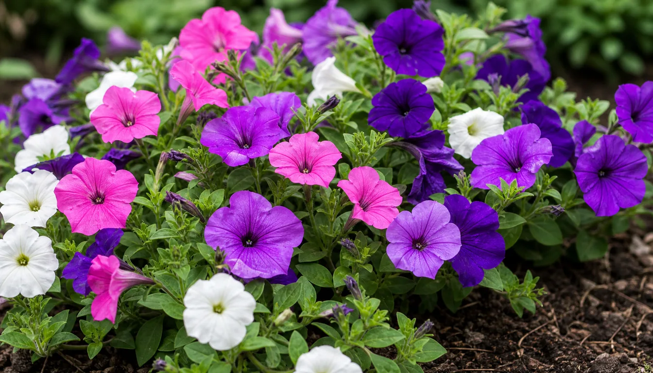 Petunia flowers blooming in a garden bed.