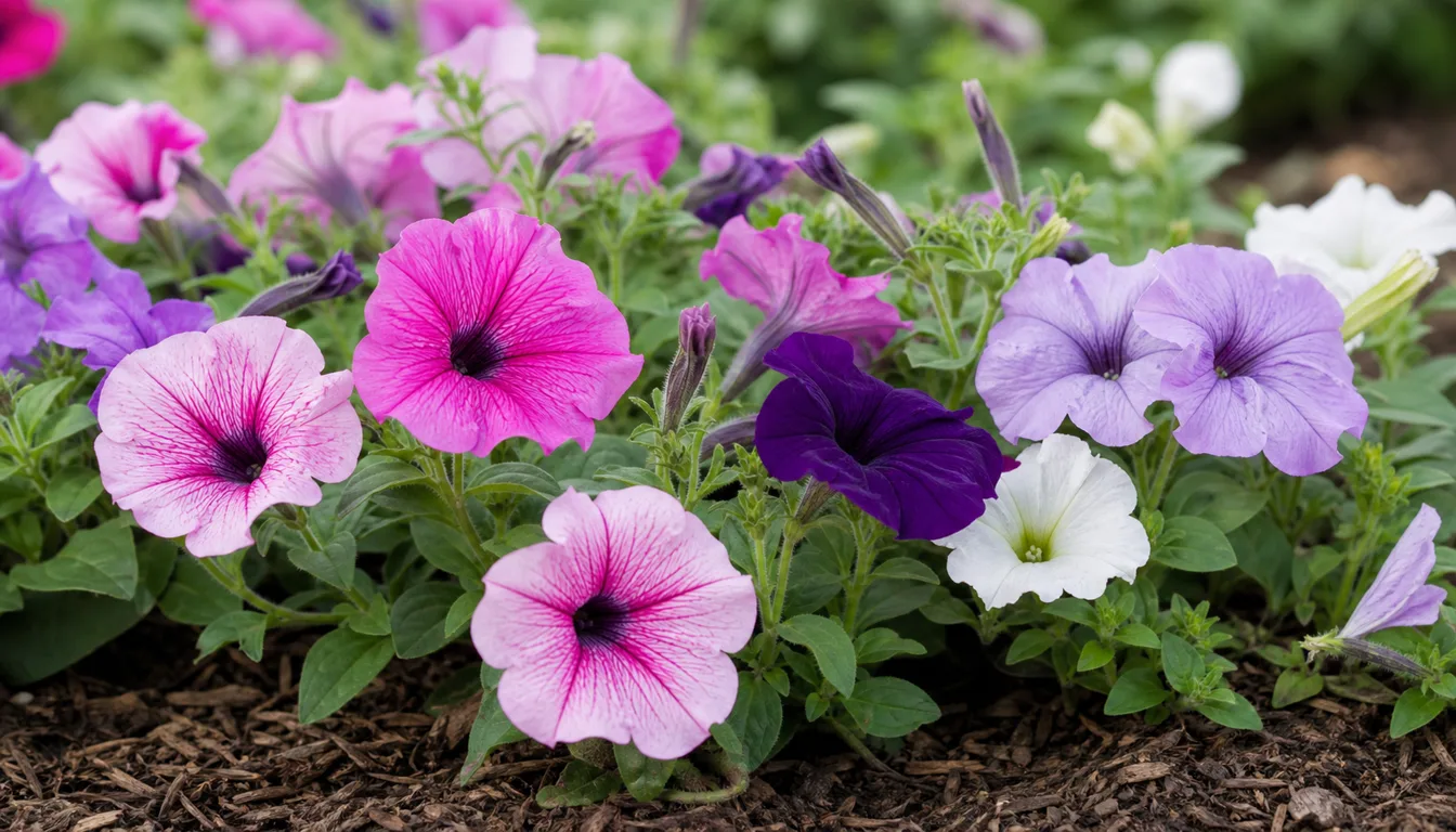 Petunia flowers with foliage, buds, and mulch visible.