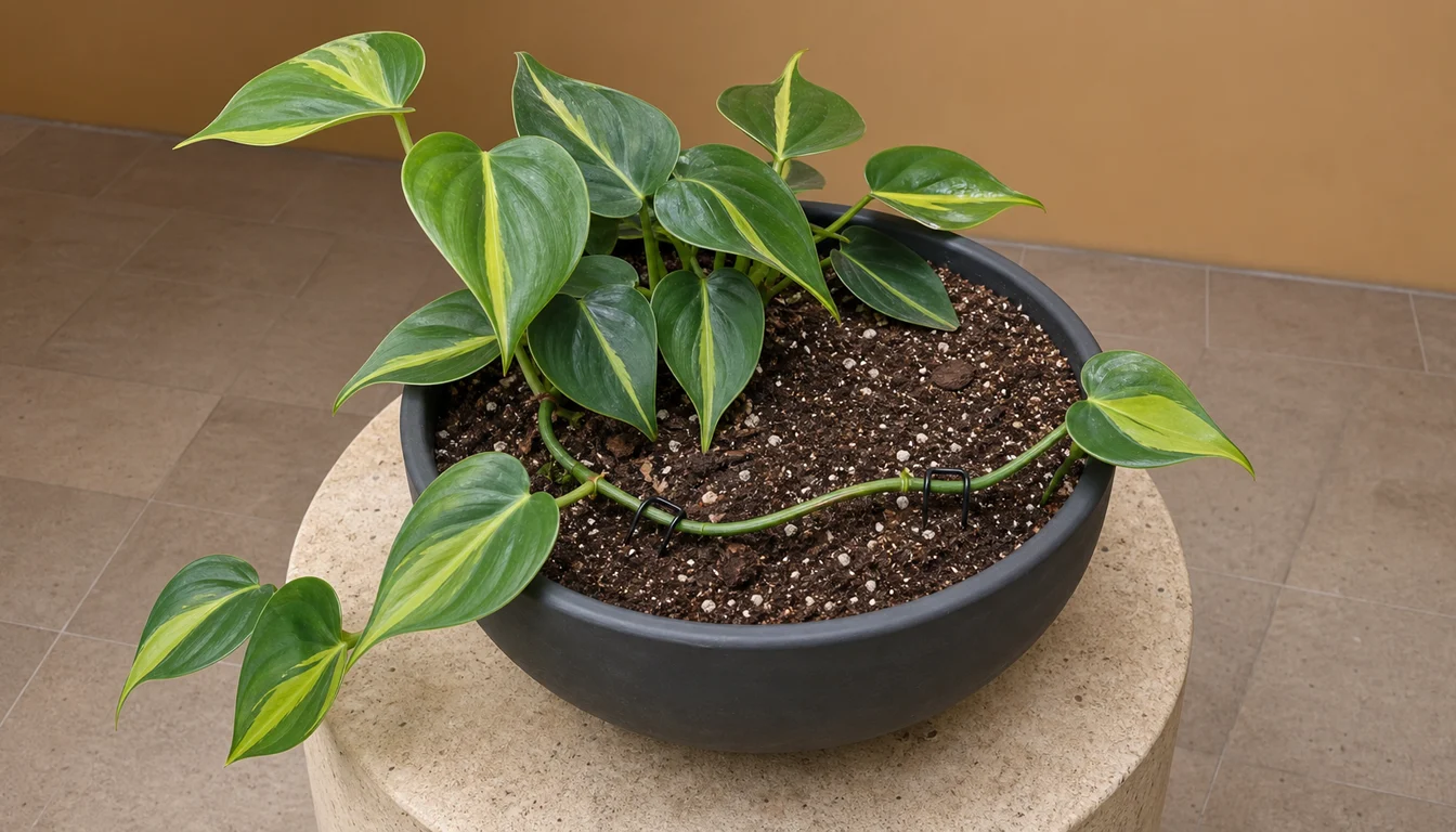 A Philodendron Brasil runner curves across its pot with two striped nodes pinned to bare mix