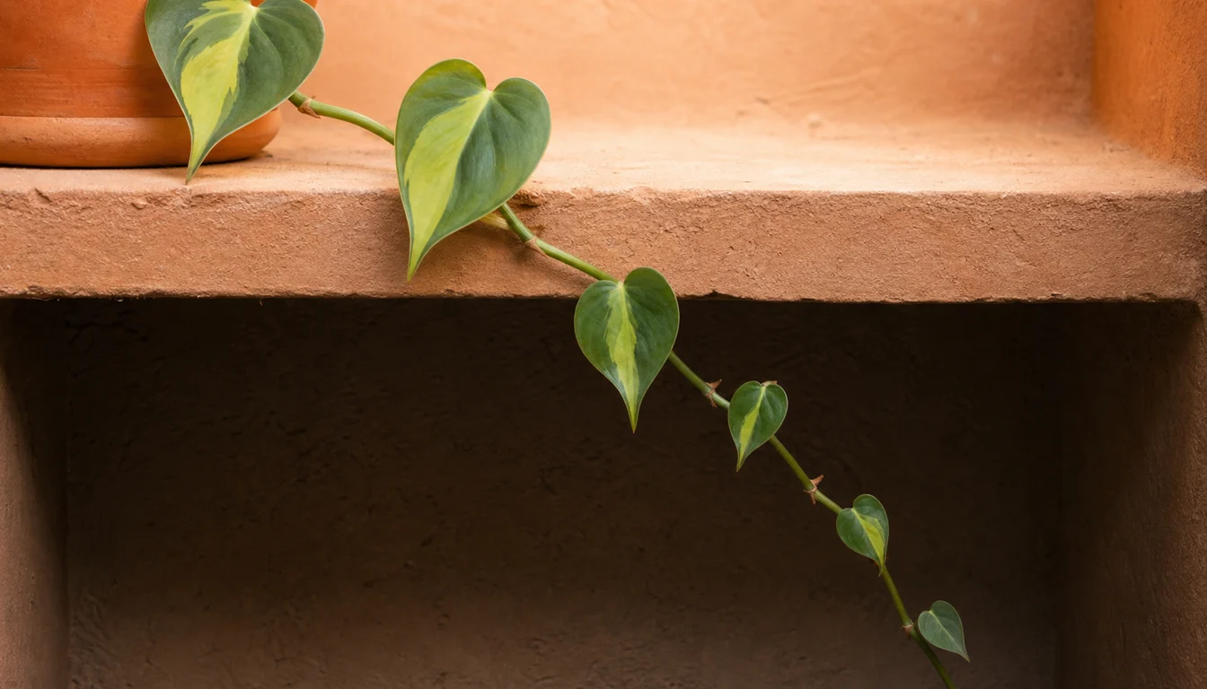 One Philodendron Brasil runner crosses from a bright shelf into a shaded niche as leaf spacing widens