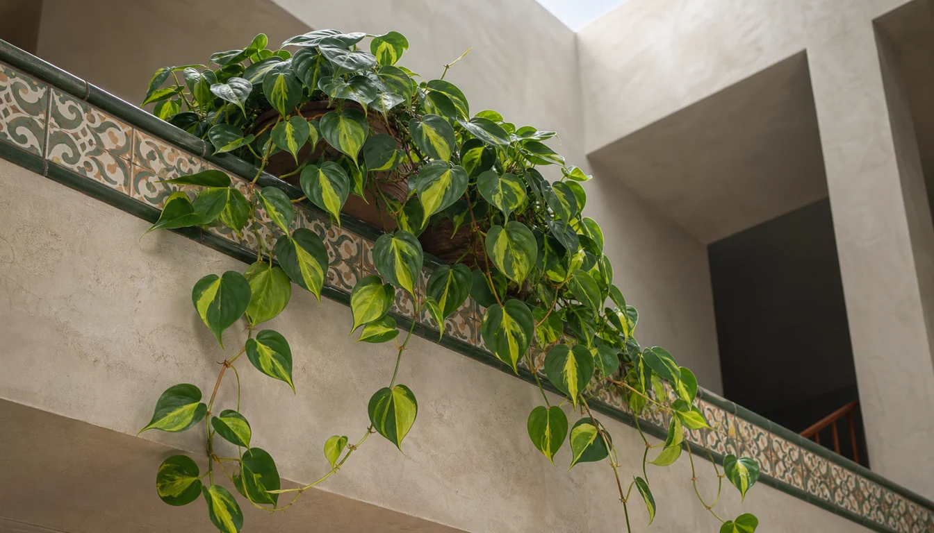 Philodendron Brasil vines with lime-striped heart leaves crossing a tiled mezzanine ledge