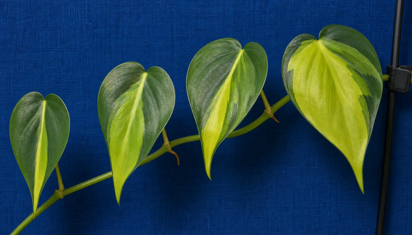 Four attached Philodendron Brasil leaves showing different lime center patterns on one runner
