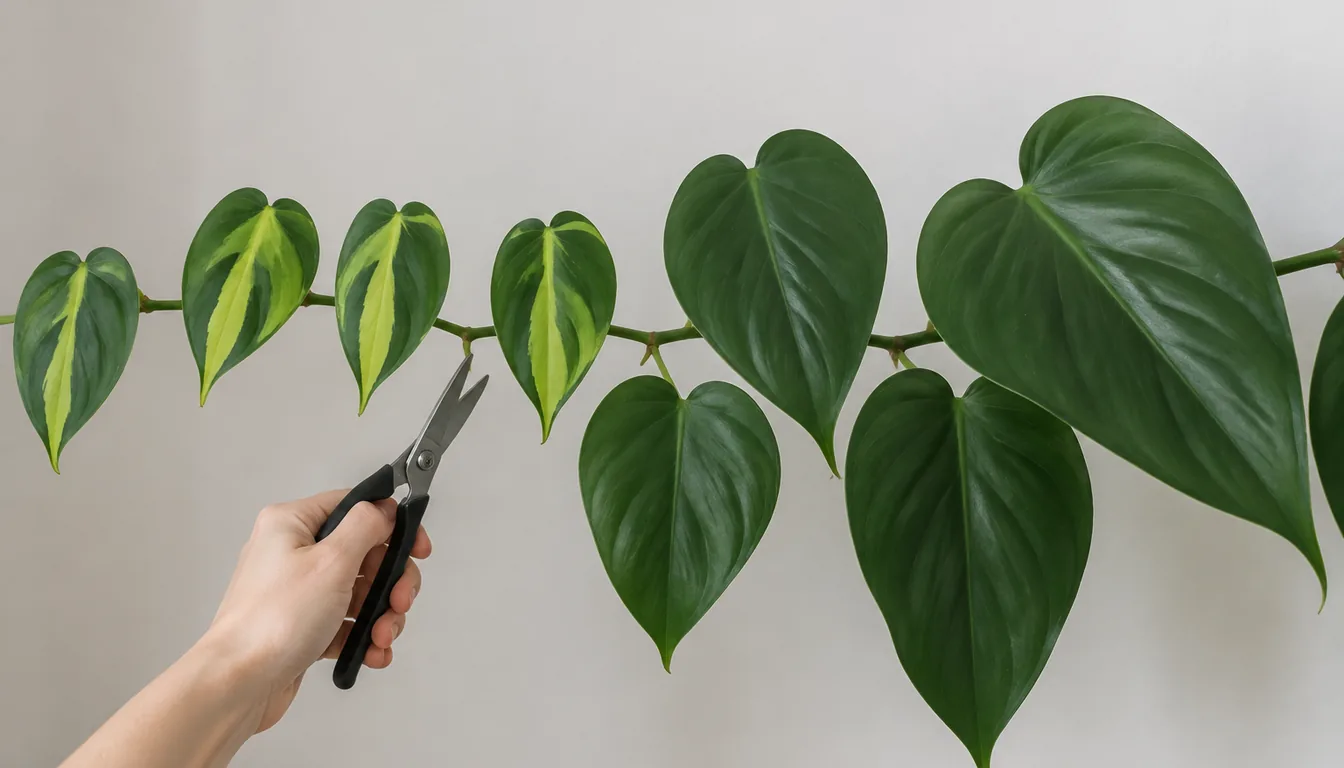 One philodendron vine held out straight, the left half carrying leaves with broad lime center stripes and the right half carrying larger plain deep green leaves with no stripe, with snips held at the last striped node