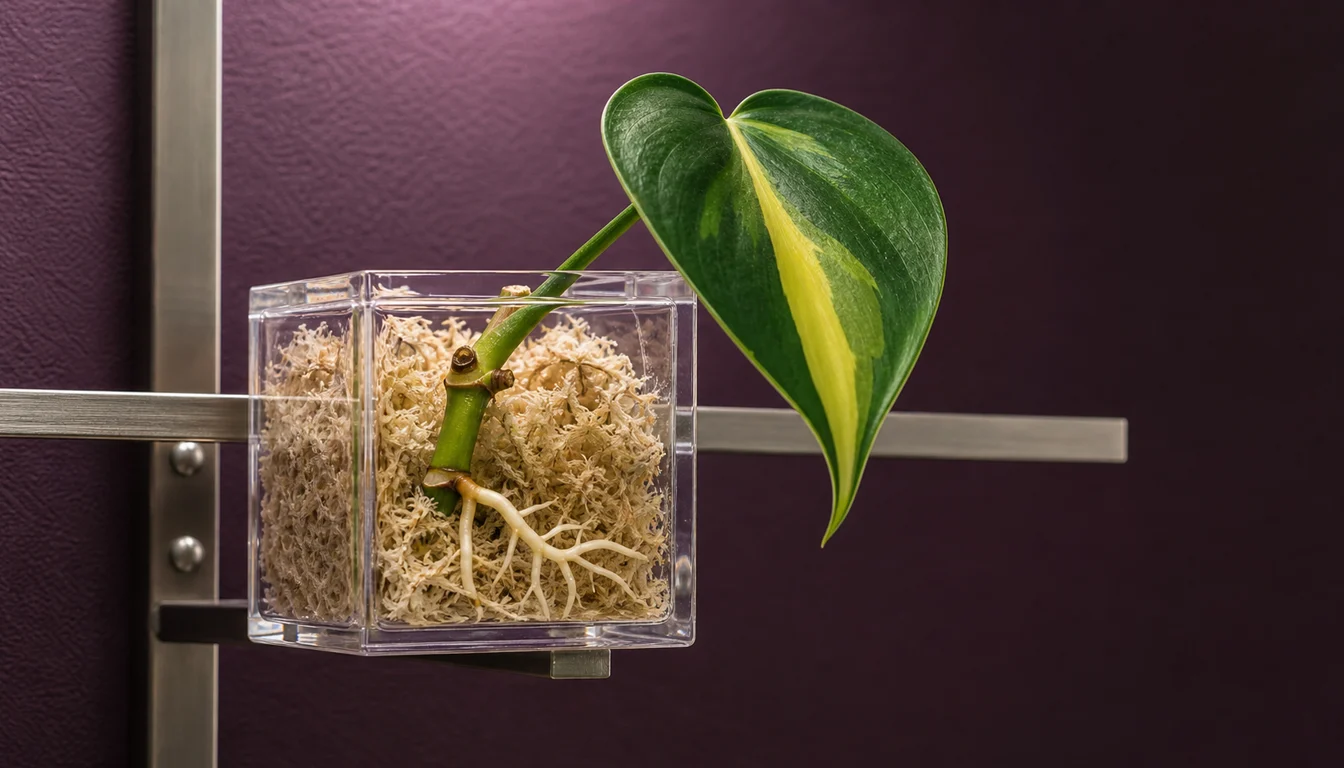 Philodendron Brasil node cutting roots inside a clear cube with the cut and striped leaf visible