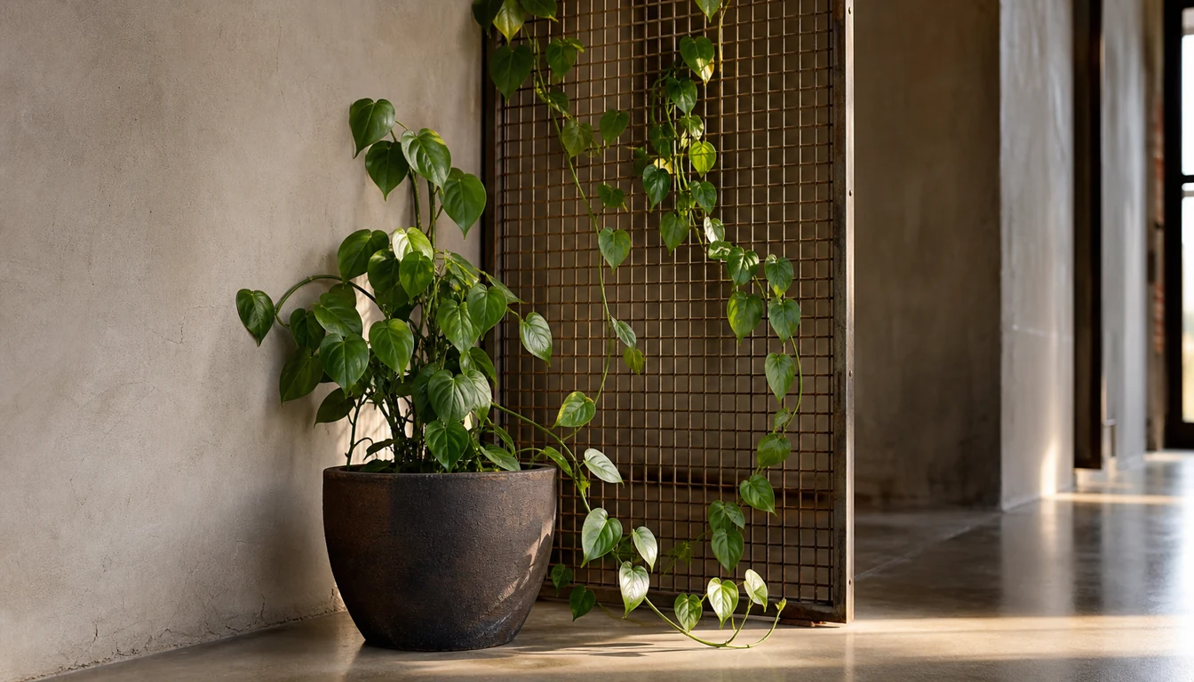 Solid green Heartleaf Philodendron vines climb copper mesh while one unsupported chain arcs downward