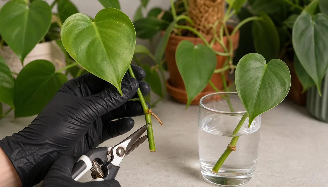 Heartleaf philodendron cutting with one leaf, a swollen node, aerial root, and a second node held below water