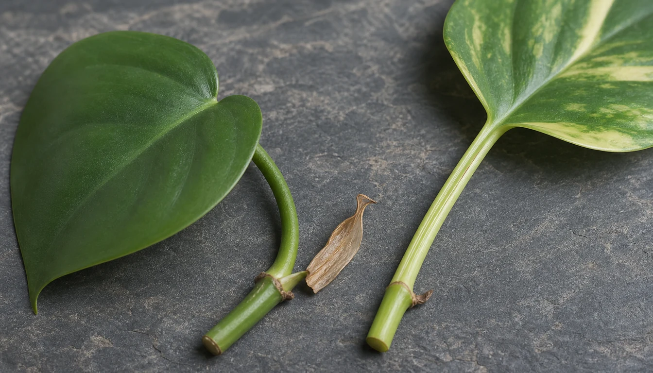 Heartleaf Philodendron stipule and smooth petiole sit beside a grooved Golden Pothos petiole